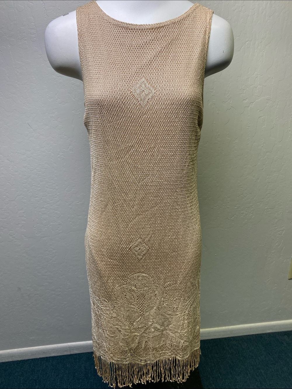 Vintage A fortiori Sleeveless Beige Beaded Fringe Midi Dress